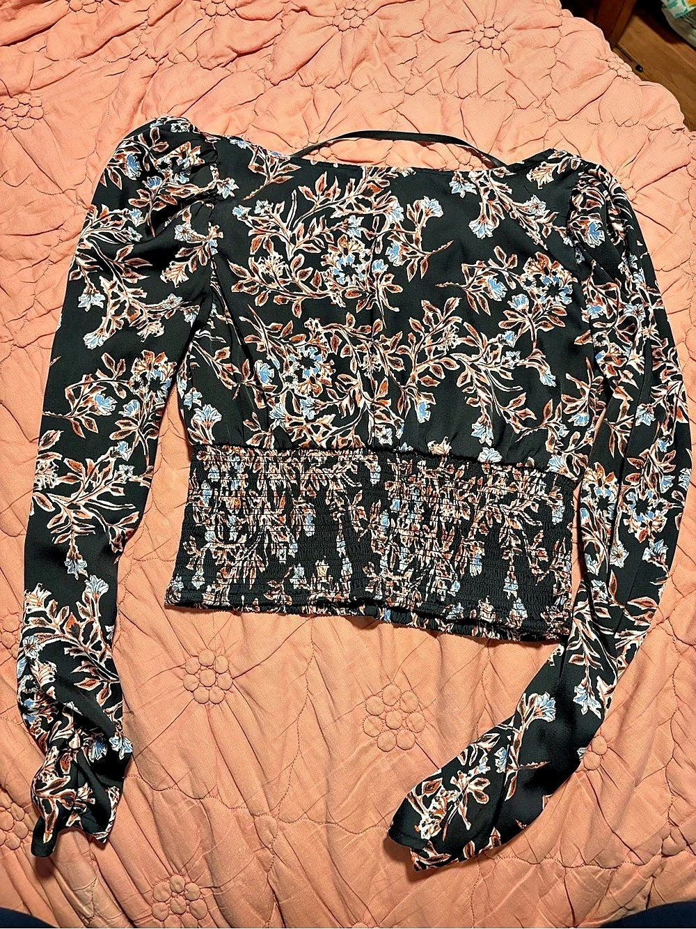 Free People Santiago Top Floral Long Sleeve Blouse in Black & Blue
